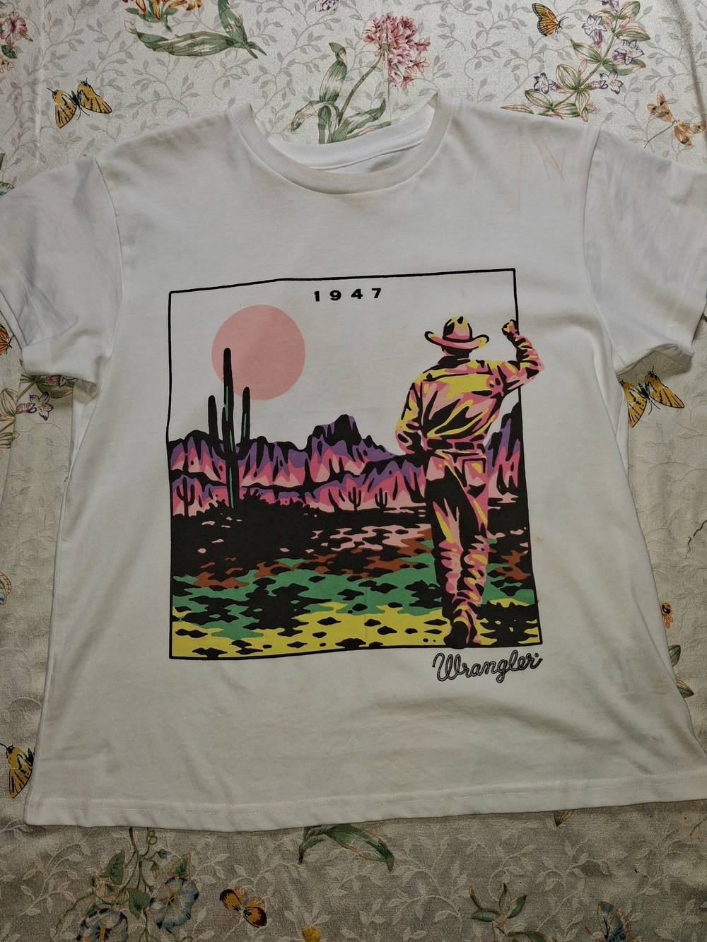 Wrangler White Short Sleeve Tee with Pink Desert Graphic